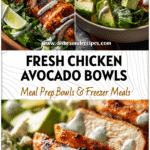 Colorful Avocado Salad Bowl with grilled chicken, fresh greens, ranch drizzle, and ripe avocado slices.